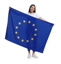 Photo of Woman holding European Union flag on white background