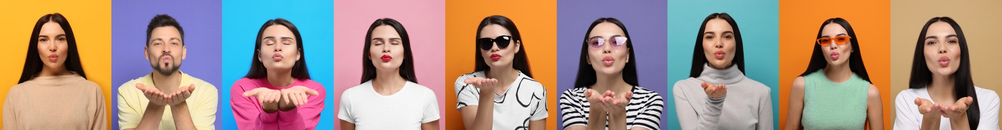 Collage with photos of people blowing air kisses on different color background. Banner design