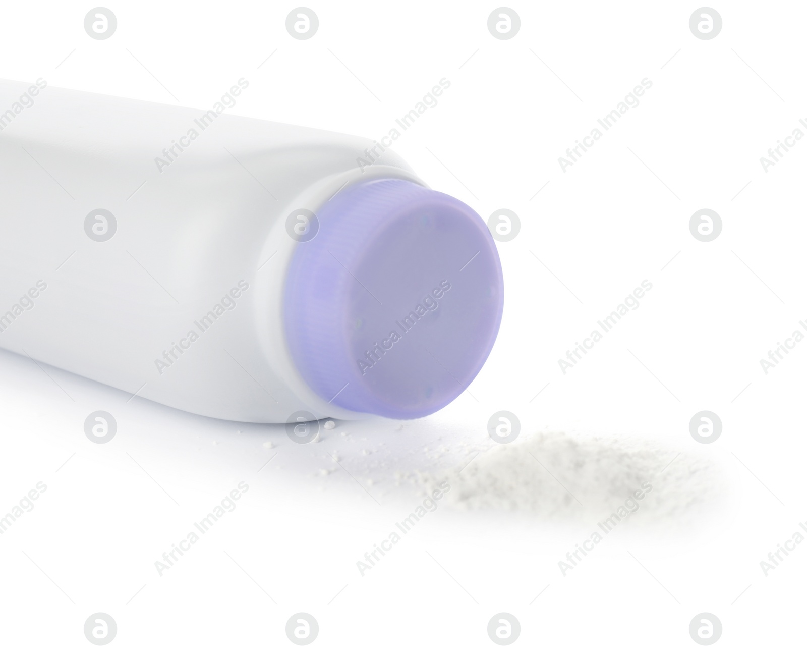 Photo of Bottle and scattered dusting powder on white background. Baby cosmetic product