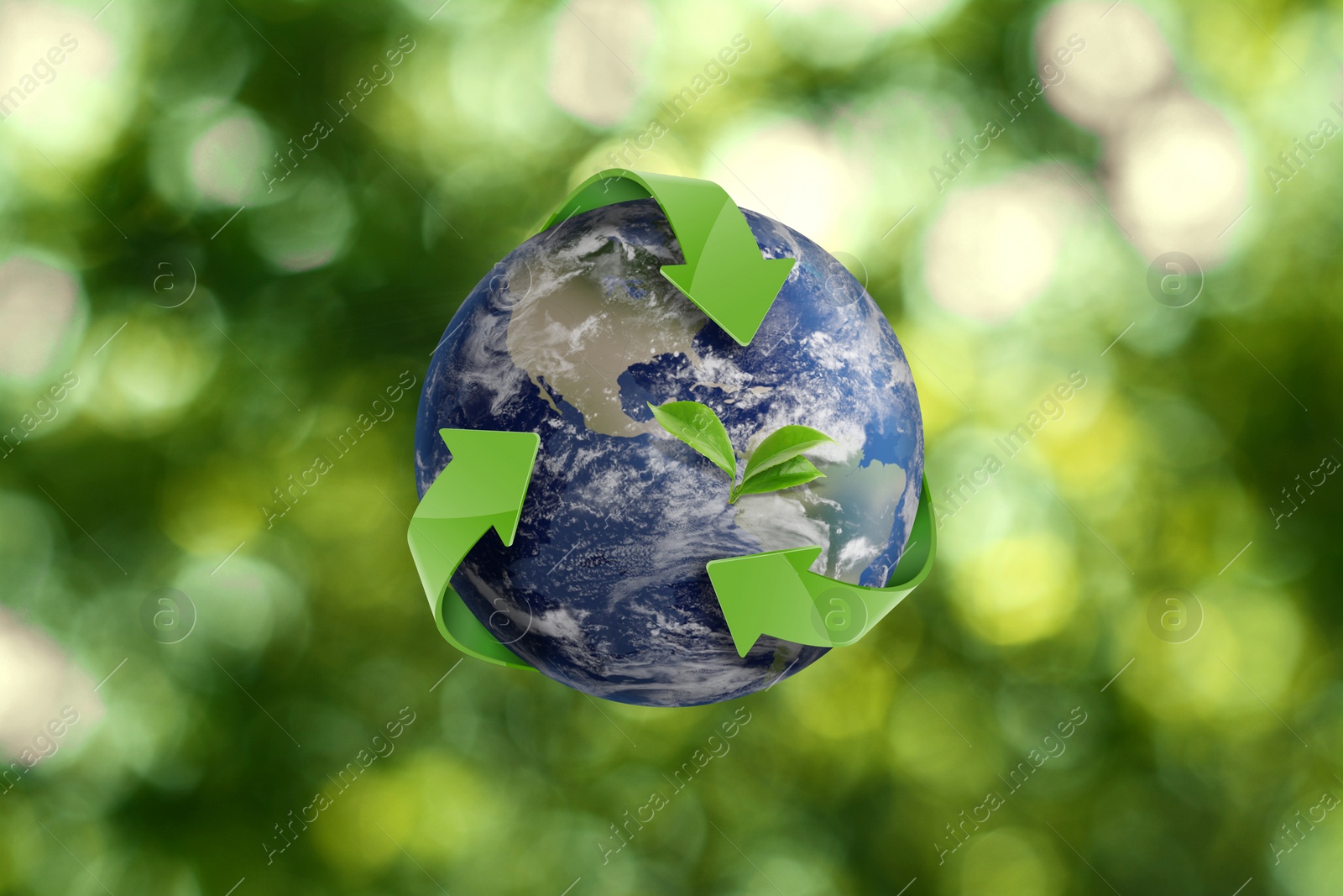 Image of Recycling concept. Earth planet with green arrows and leaves on blurred background, illustration