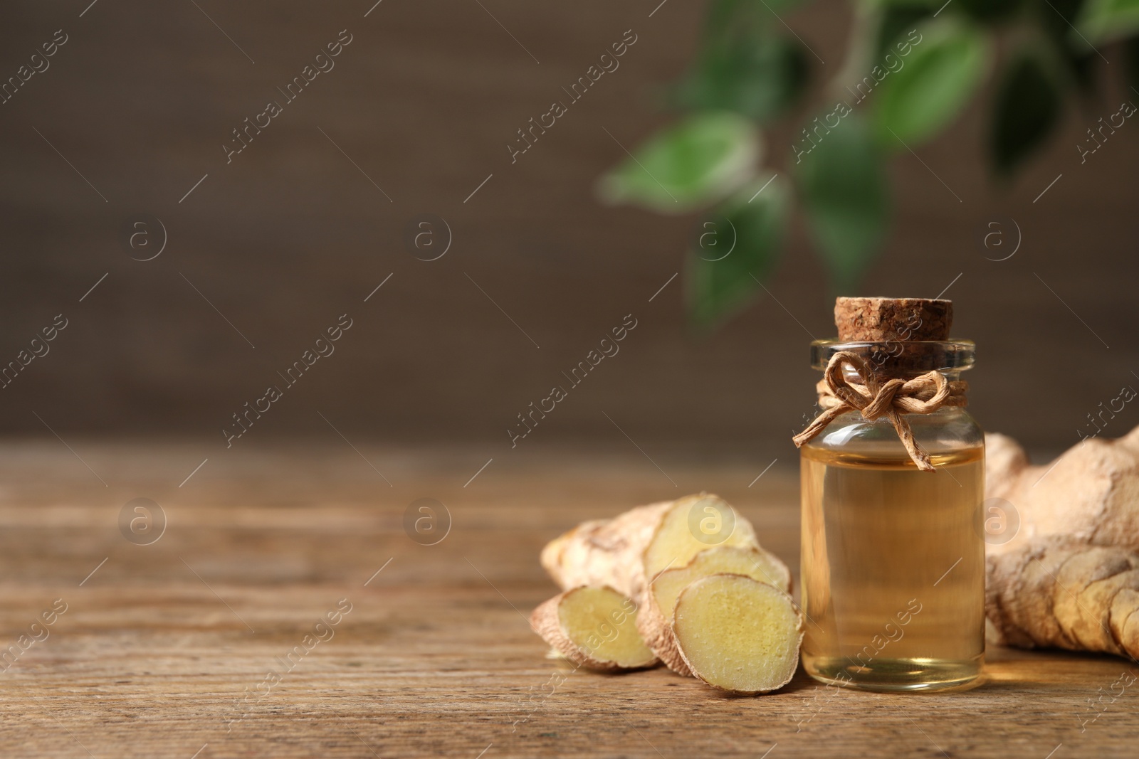 Photo of Ginger essential oil in bottle on wooden table. Space for text