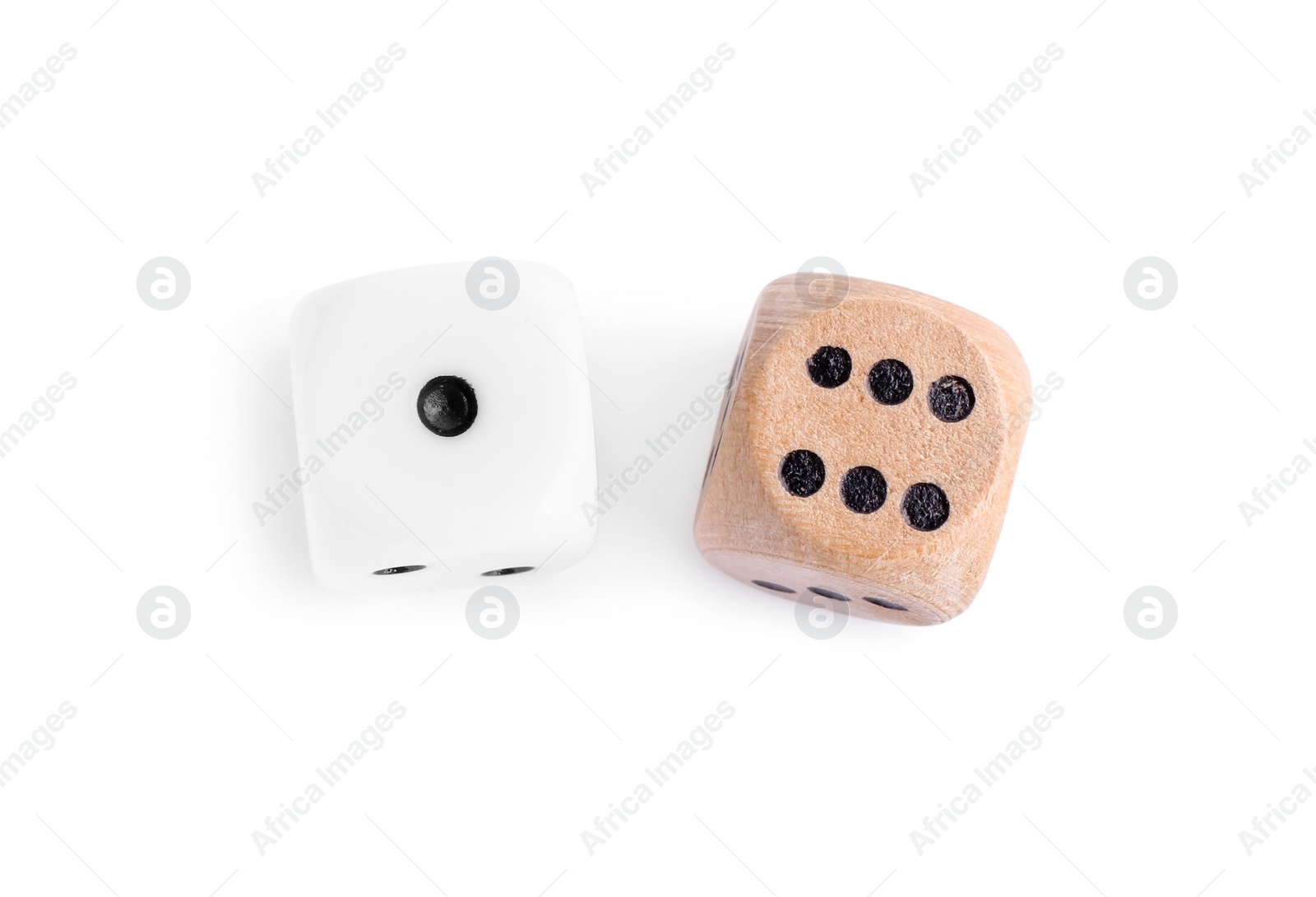 Photo of Two dices isolated on white, top view. Game cubes