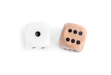 Photo of Two dices isolated on white, top view. Game cubes