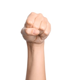 Photo of Woman showing word yes on white background, closeup. Sign language