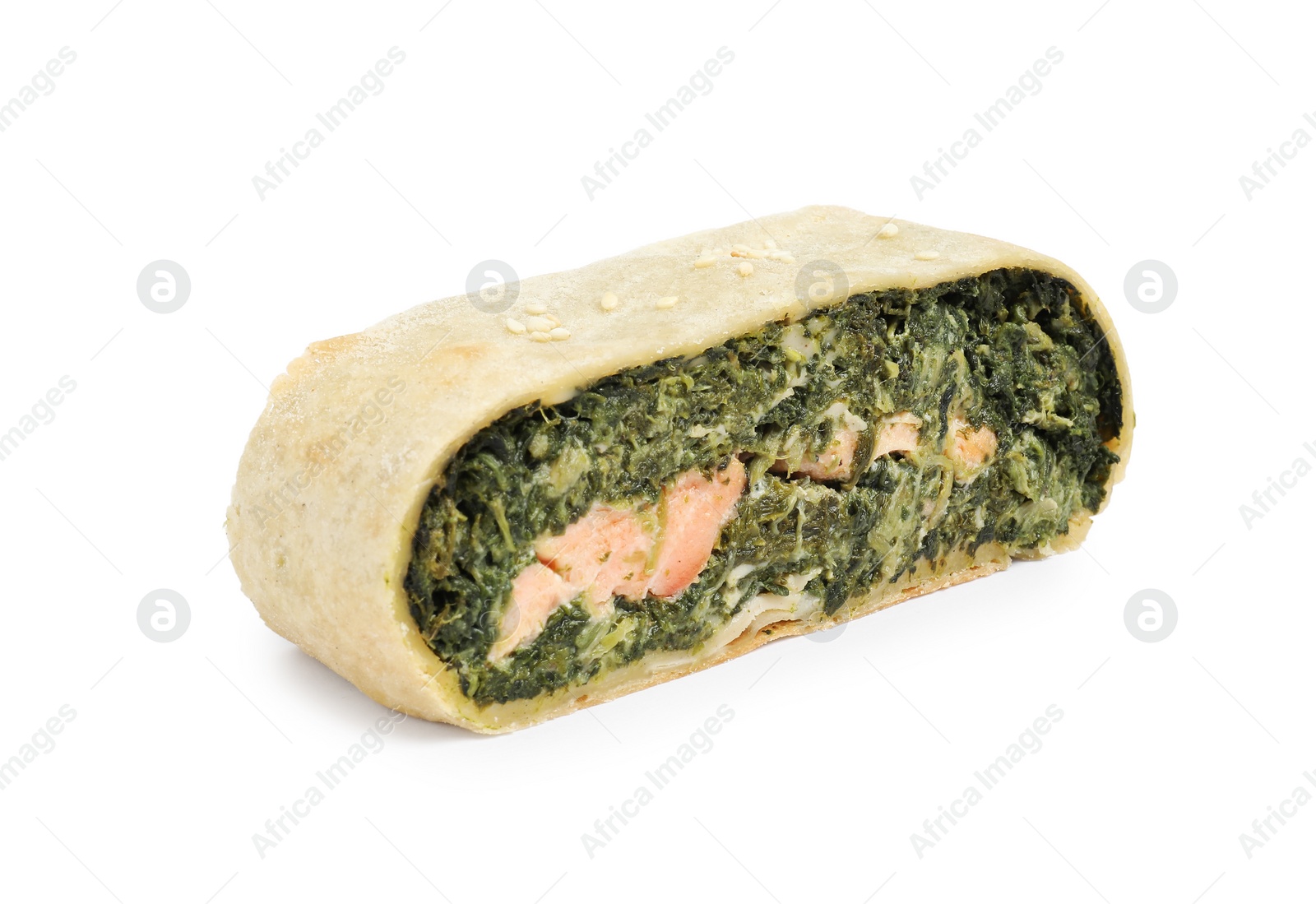 Photo of Piece of delicious strudel with salmon and spinach isolated on white