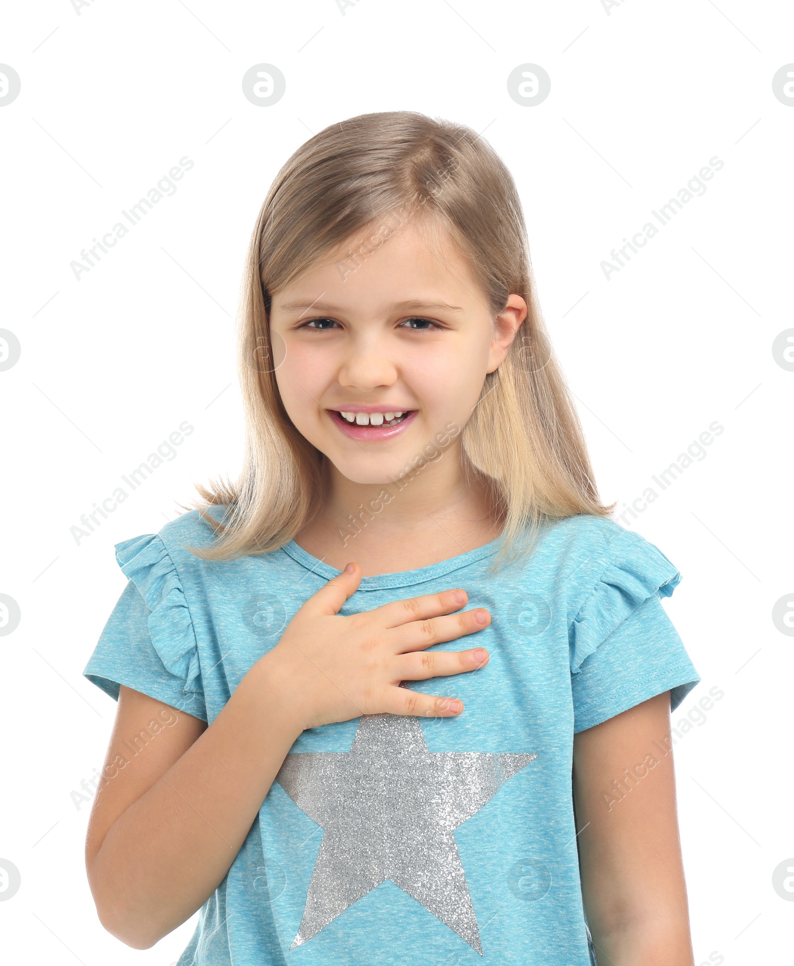 Photo of Happy little girl wearing casual outfit on white background