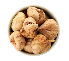 Bowl with figs on white background, top view. Dried fruit as healthy food