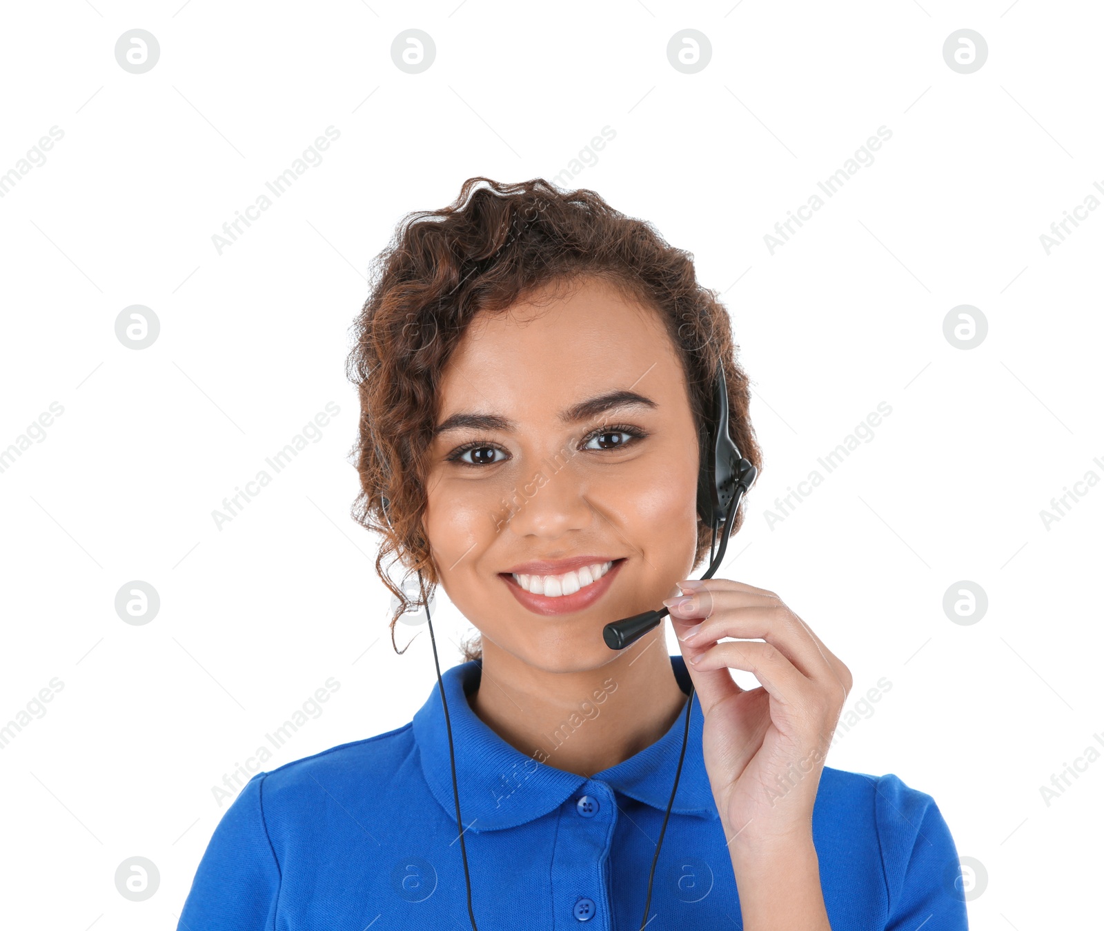 Photo of African-American technical support operator with headset isolated on white