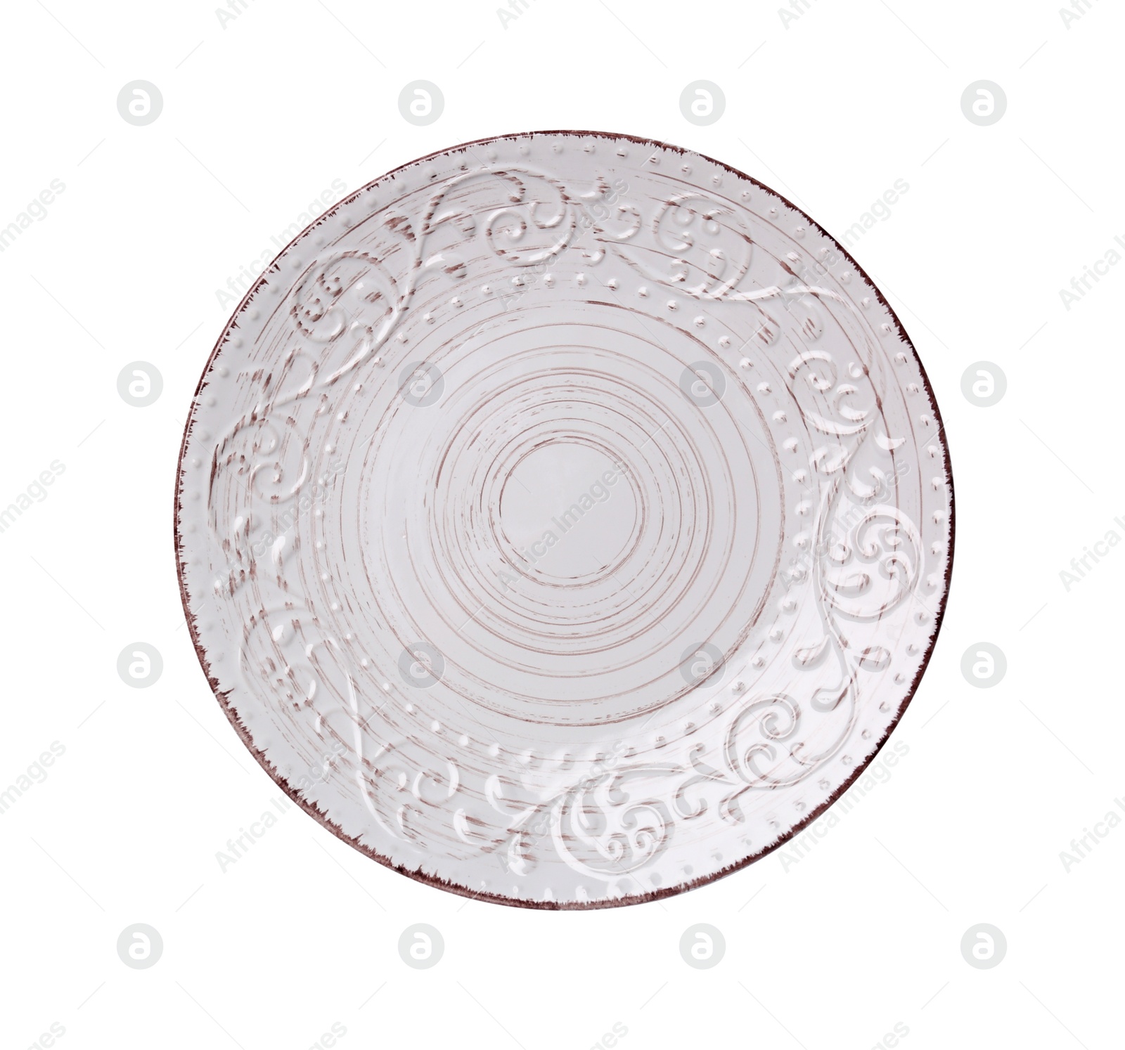 Photo of One clean plate isolated on white, top view. Ceramic dinnerware