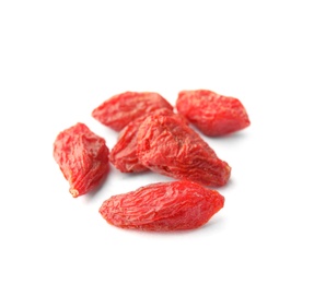 Tasty dried goji berries on white background