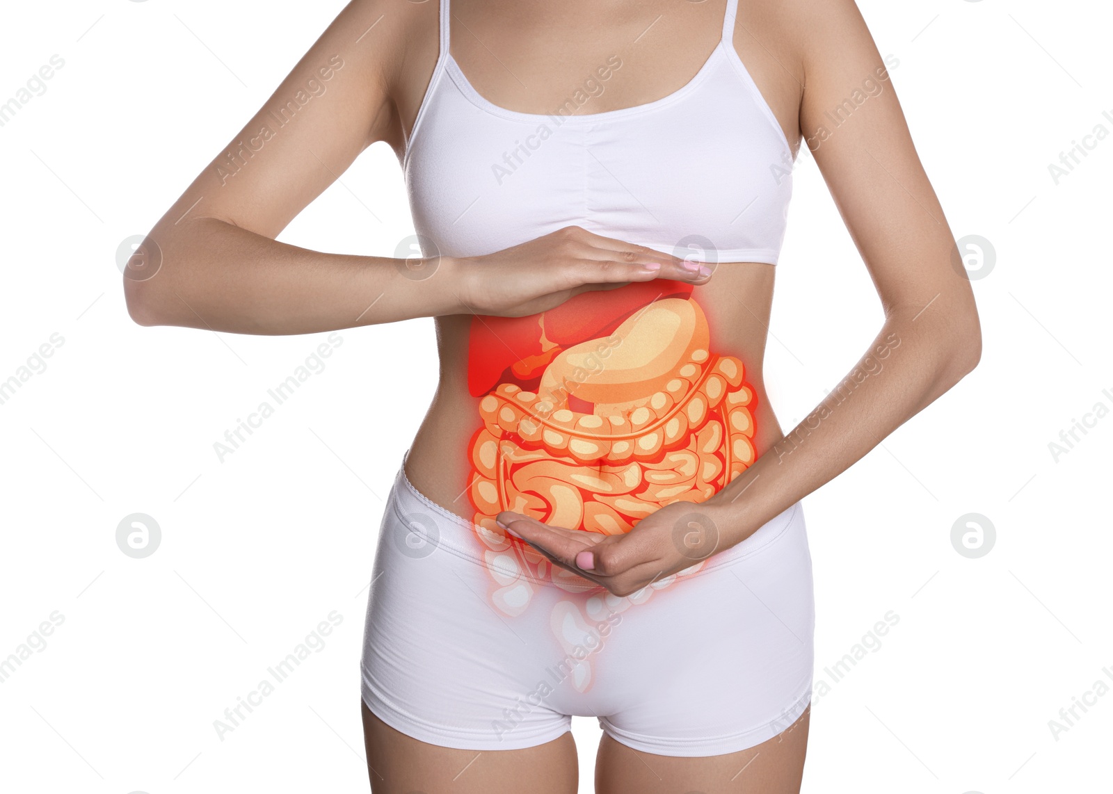 Image of Closeup view of woman with illustration of abdominal organs on her belly against white background