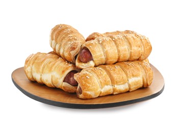 Photo of Wooden tray with delicious sausage rolls isolated on white
