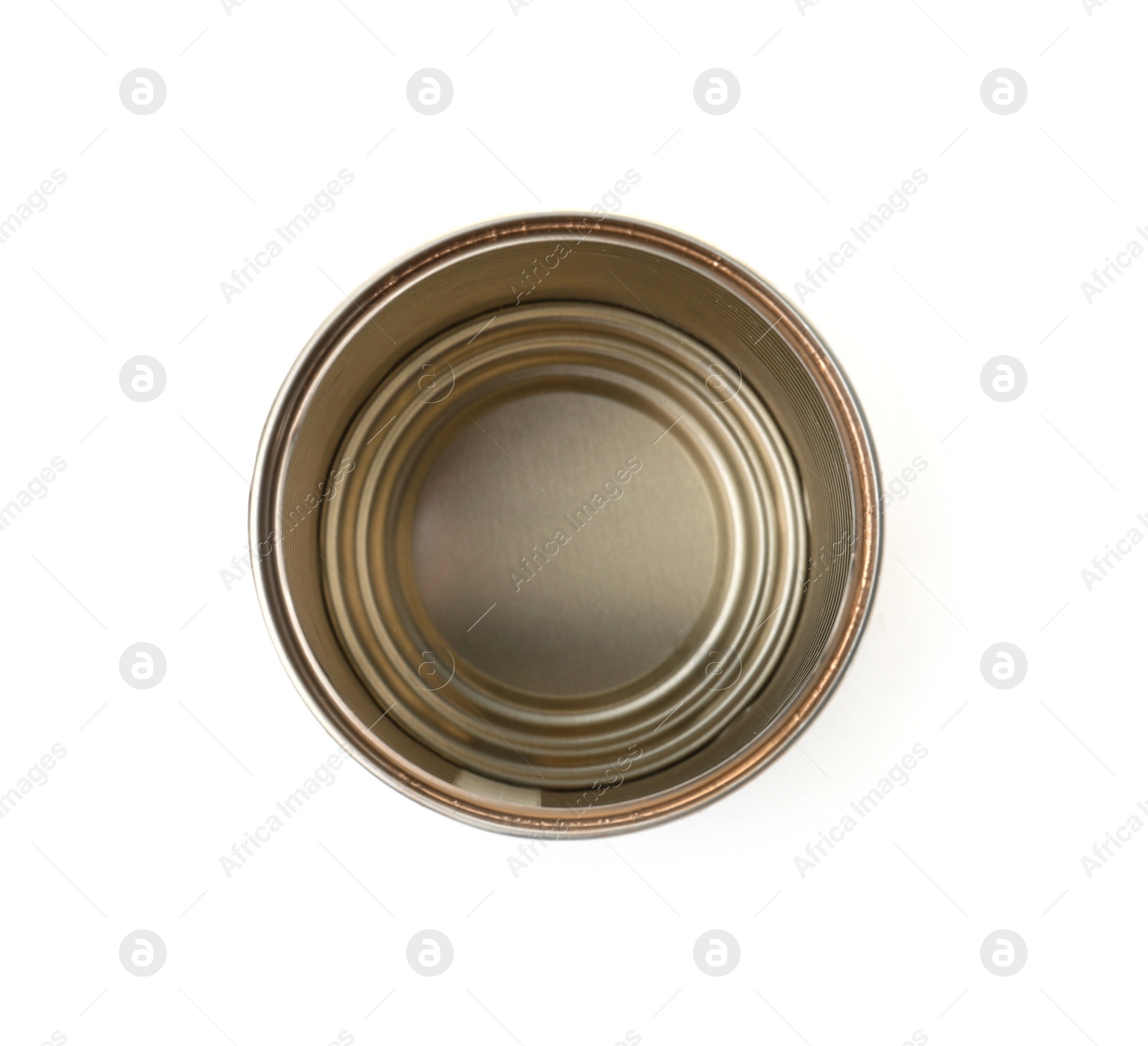 Photo of Empty aluminum can on white background, top view. Metal waste recycling