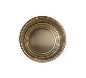 Photo of Empty aluminum can on white background, top view. Metal waste recycling