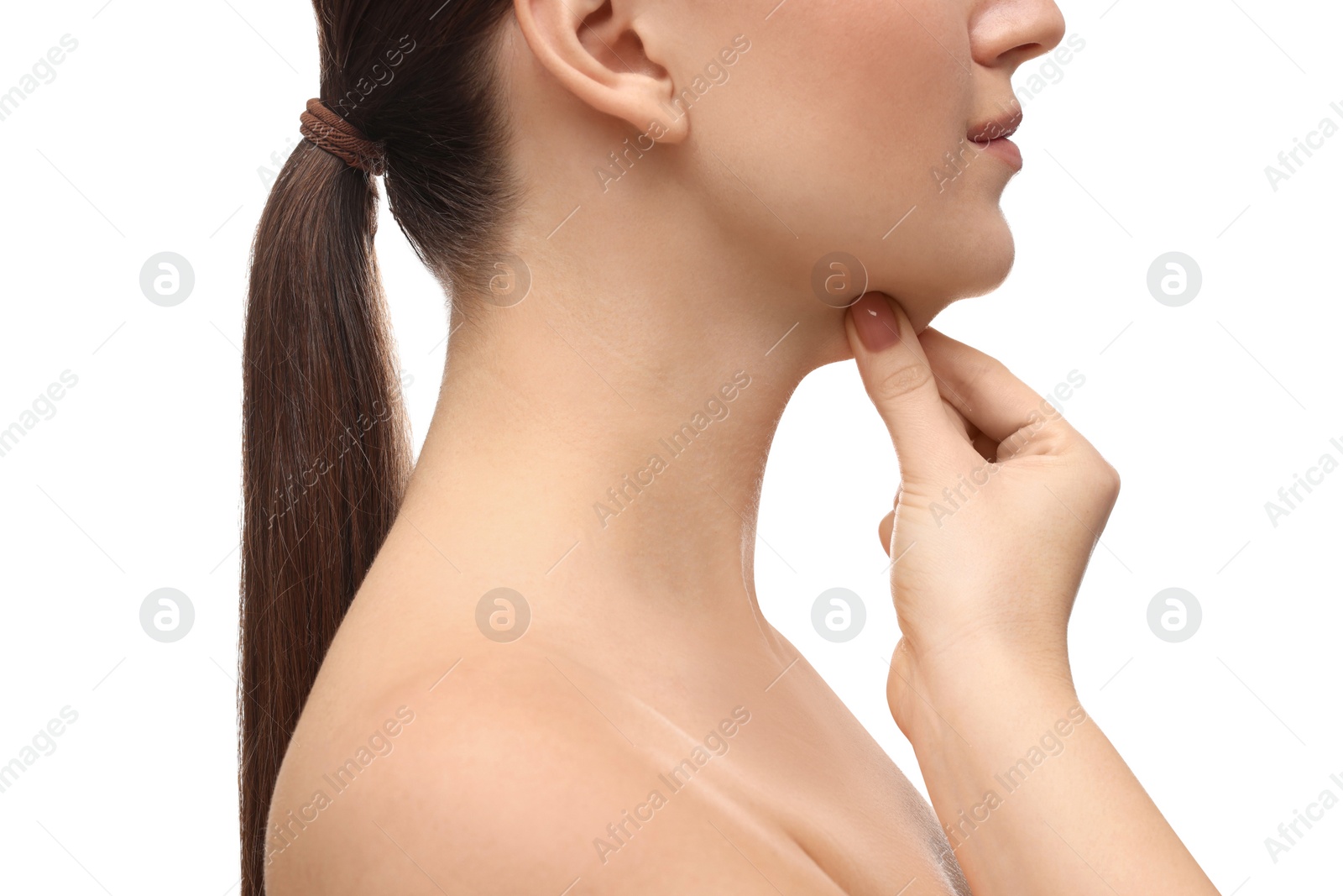Photo of Woman touching her chin on white background, closeup