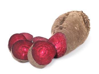 Photo of Pieces of cut red beet isolated on white