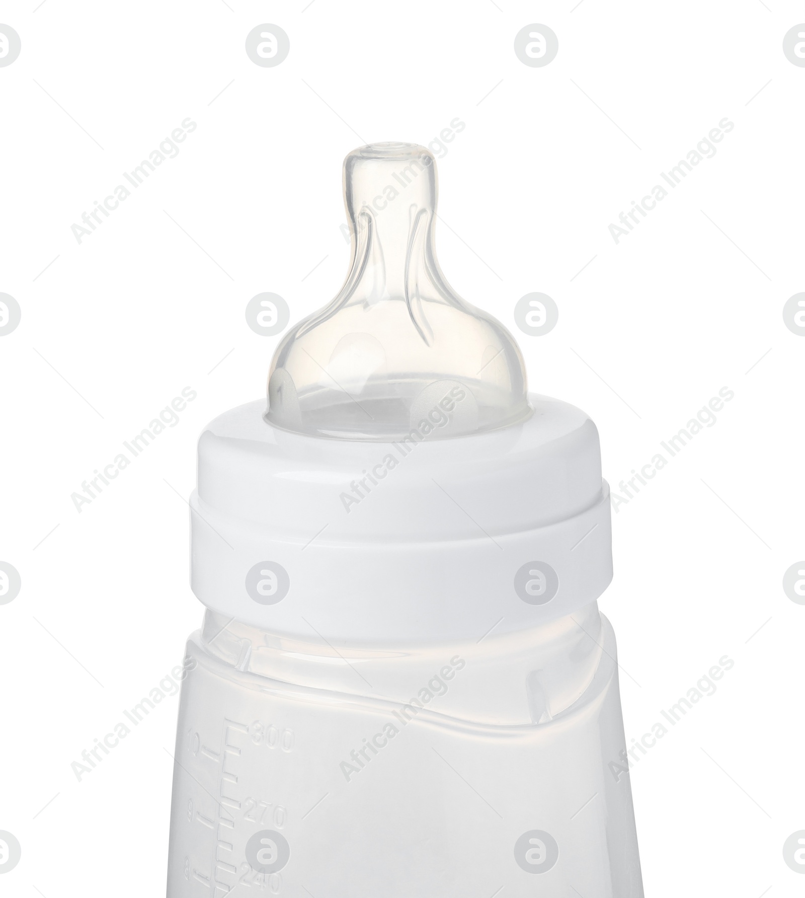 Photo of One empty feeding bottle for infant formula isolated on white