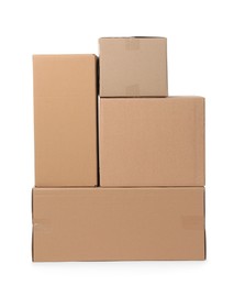 Photo of Many closed cardboard boxes on white background. Delivery service