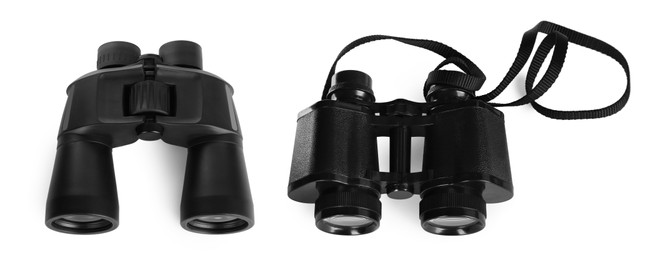 Two different binoculars on white background, above view