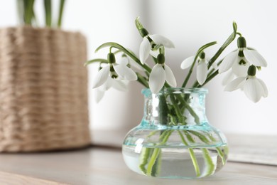 Photo of Beautiful snowdrop flowers in glass vase on wooden table, space for text