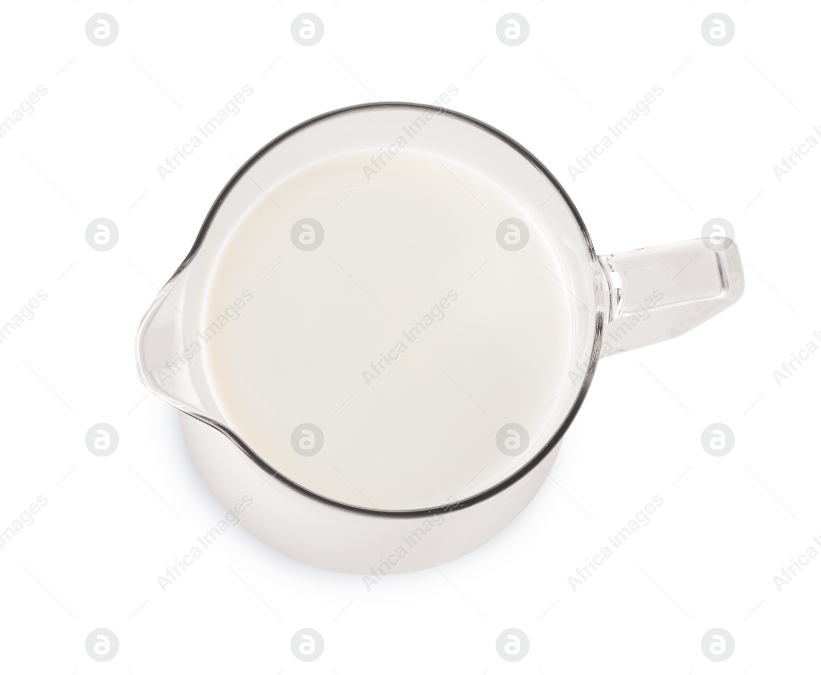 Photo of One jug full of fresh milk isolated on white, top view