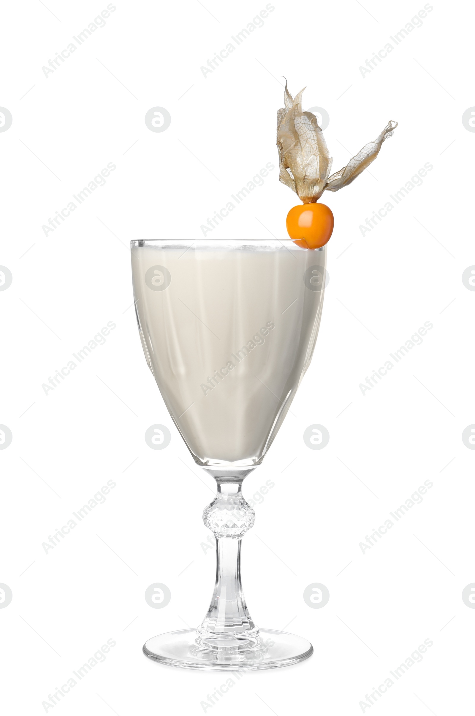 Photo of Refreshing cocktail decorated with physalis fruit on white background