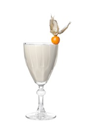 Refreshing cocktail decorated with physalis fruit on white background