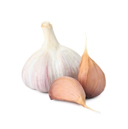 Photo of Fresh organic garlic bulb and cloves on white background