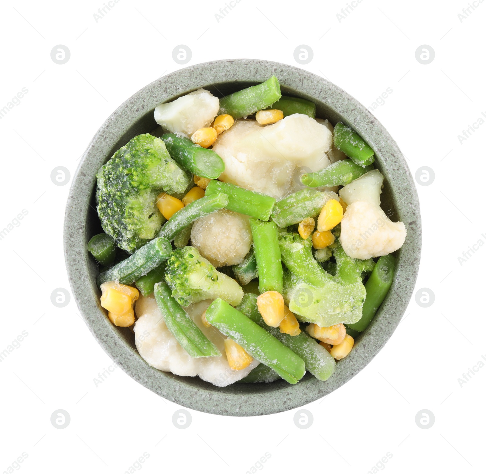 Photo of Mix of different frozen vegetables in bowl isolated on white, top view