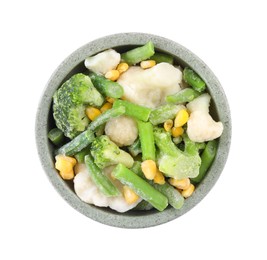 Photo of Mix of different frozen vegetables in bowl isolated on white, top view