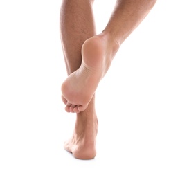 Photo of Back view of man standing against white background, closeup on feet