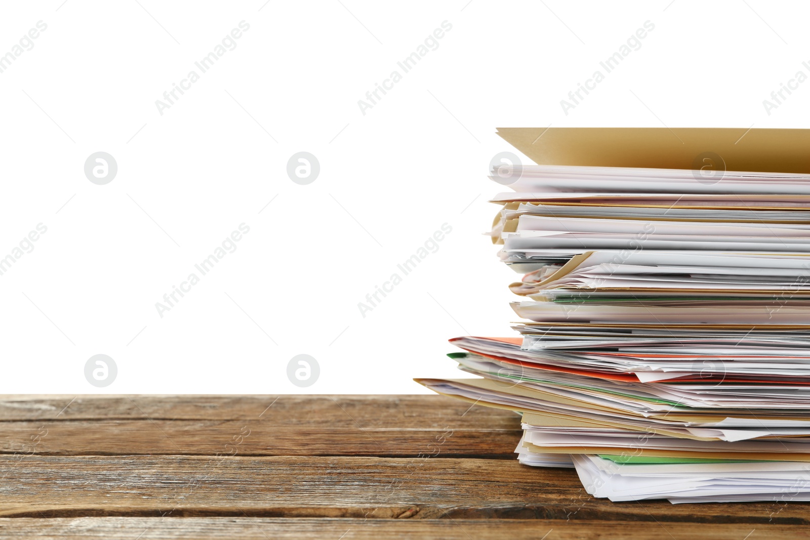 Photo of Stack of different files with documents on wooden table against white background. Space for text