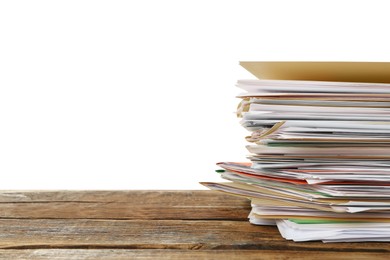 Stack of different files with documents on wooden table against white background. Space for text