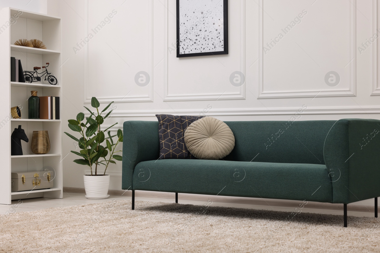 Photo of Stylish living room with soft beige carpet and furniture. Interior design
