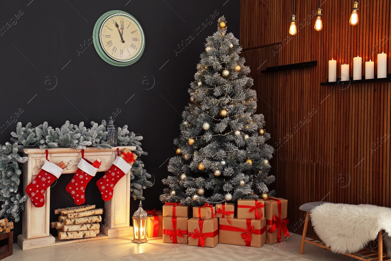 Photo of Stylish Christmas interior with decorated fir tree and fireplace