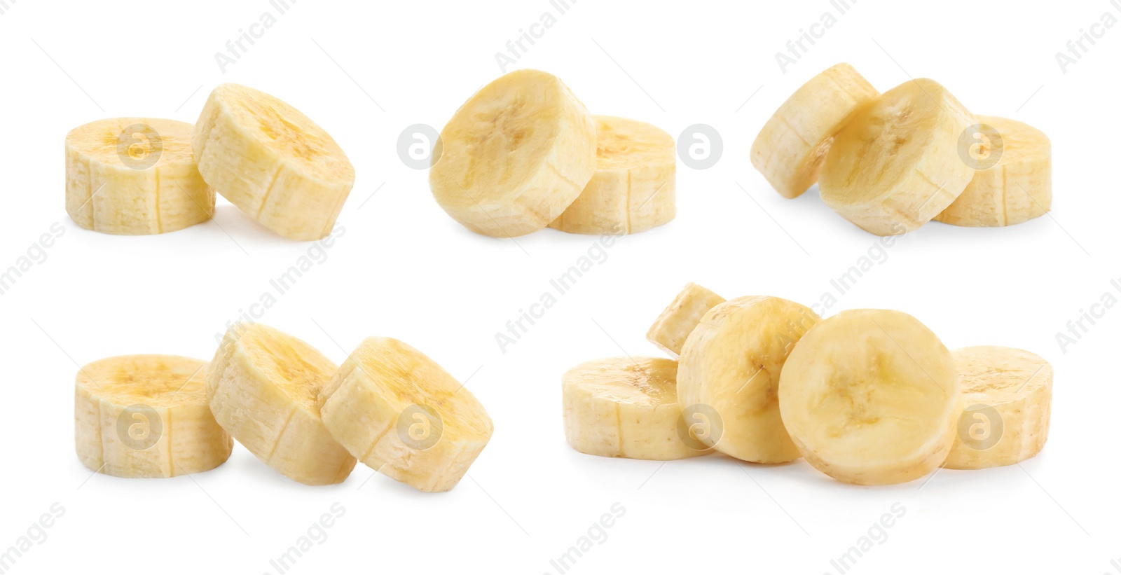 Image of Pieces of tasty ripe banana on white background, collage. Banner design