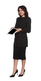 Full length portrait of hostess in uniform with tablet on white background