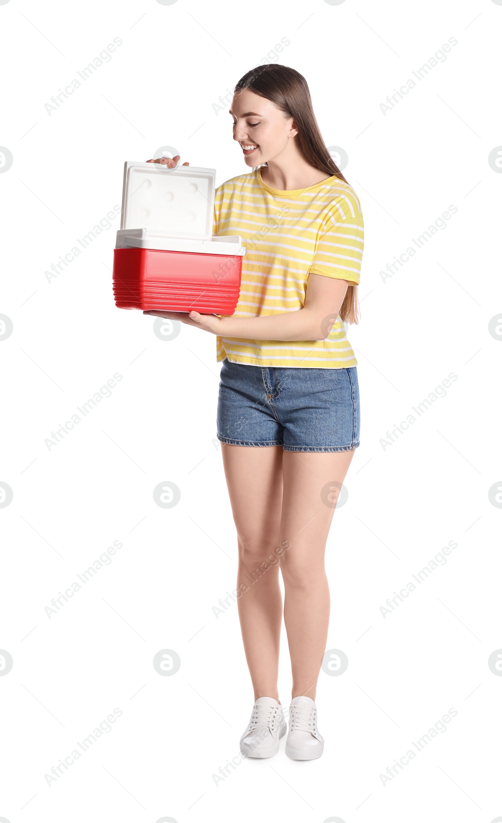 Photo of Happy young woman with plastic cool box isolated on white