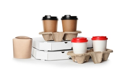 Photo of Different containers on white background, mockup for design. Food delivery