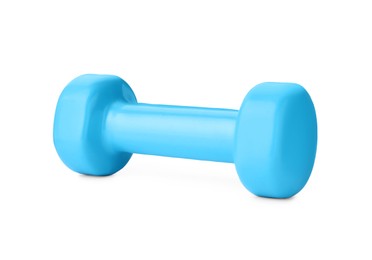 Photo of Light blue dumbbell isolated on white. Weight training equipment