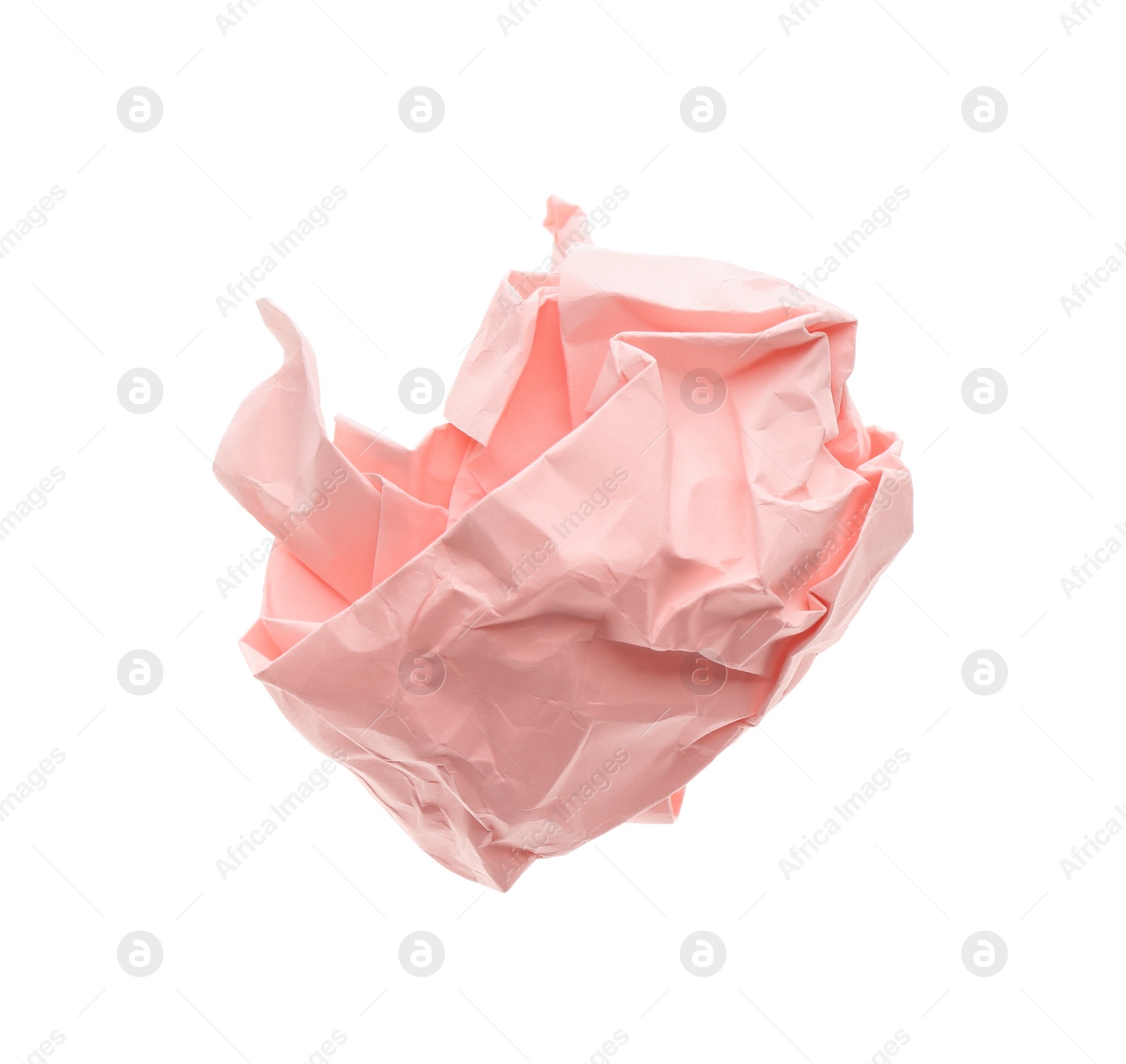 Photo of Crumpled sheet of light pink paper isolated on white, top view