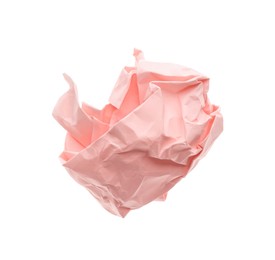 Crumpled sheet of light pink paper isolated on white, top view