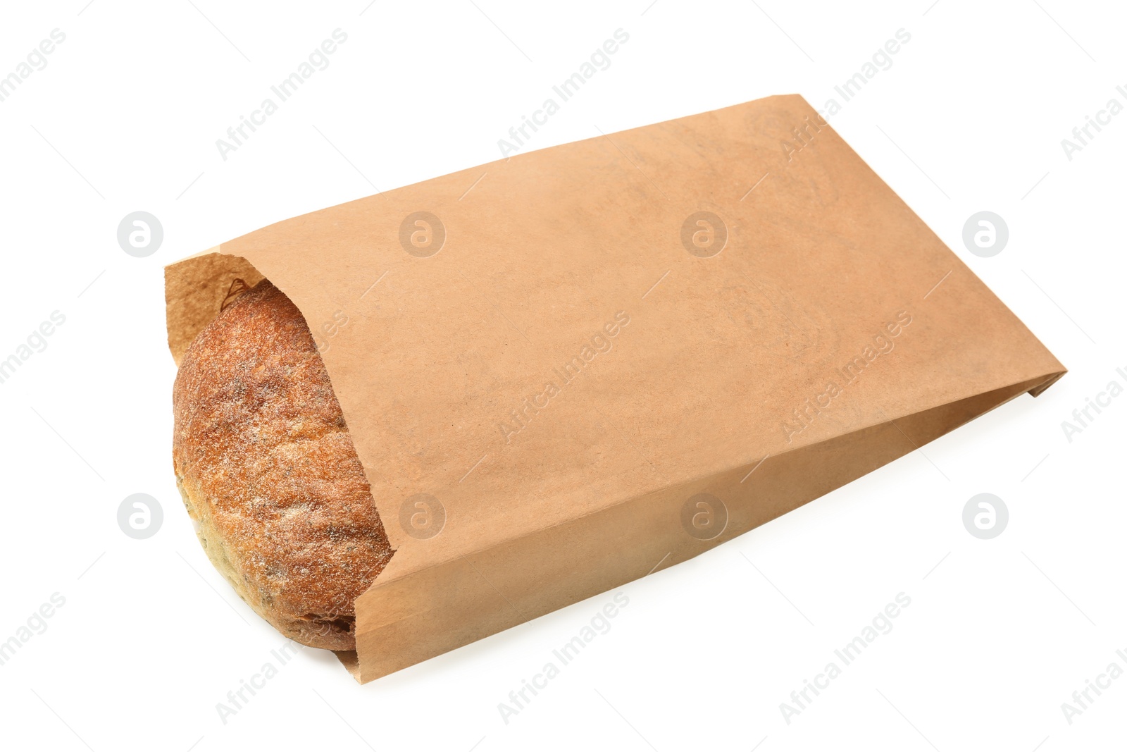 Photo of Paper bag with bread on white background. Space for design