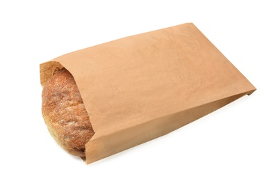 Paper bag with bread on white background. Space for design