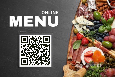 Image of Scan QR code for contactless menu. Set of different delicious appetizers on black table, top view