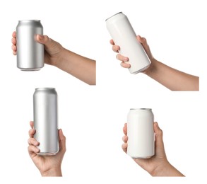 Image of Collage with photos of women holding different cans with beverages on white background, closeup