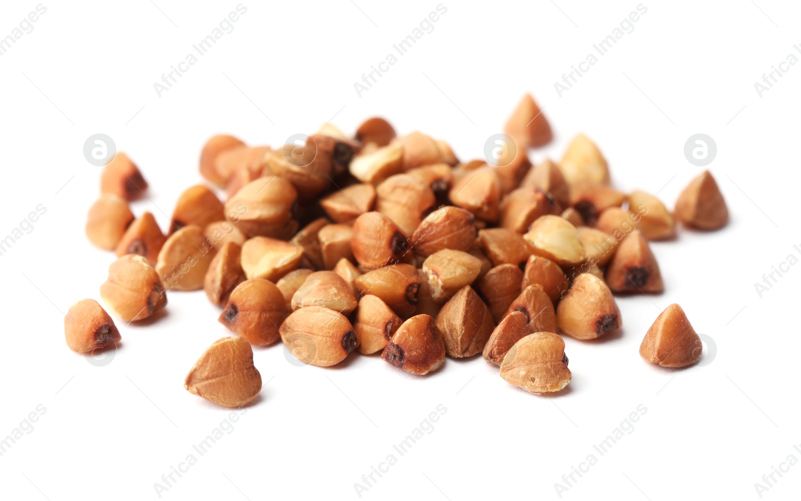 Photo of Pile of buckwheat grains isolated on white. Organic cereal