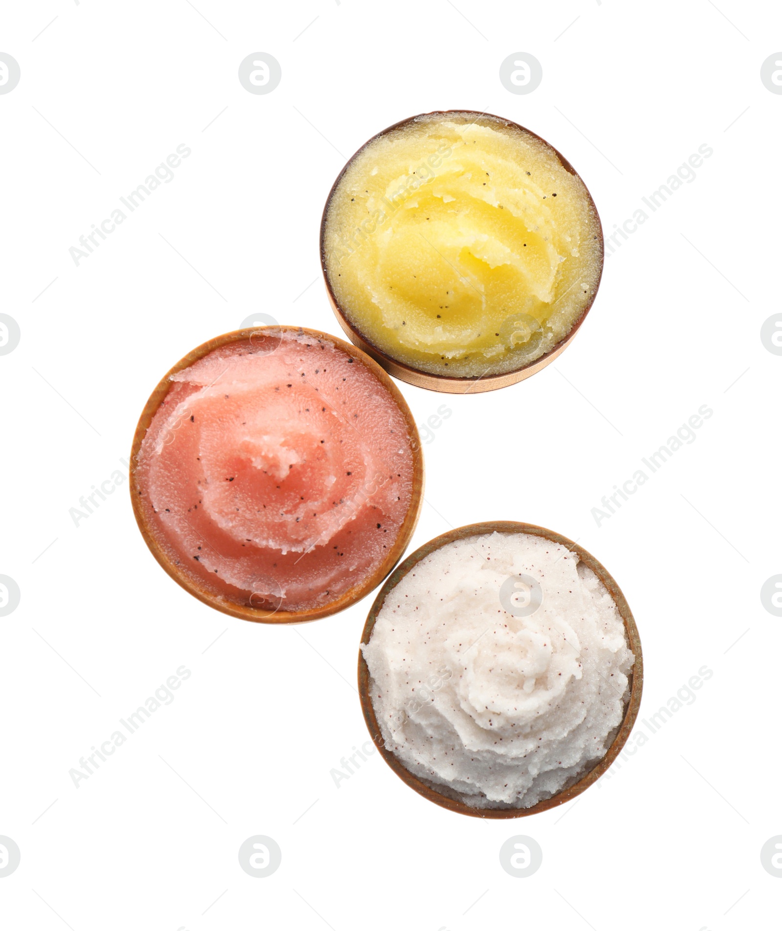 Photo of Different body scrubs in bowls on white background, top view