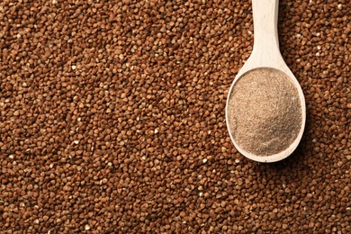 Photo of Spoon of gluten free flour on buckwheat, top view with space for text