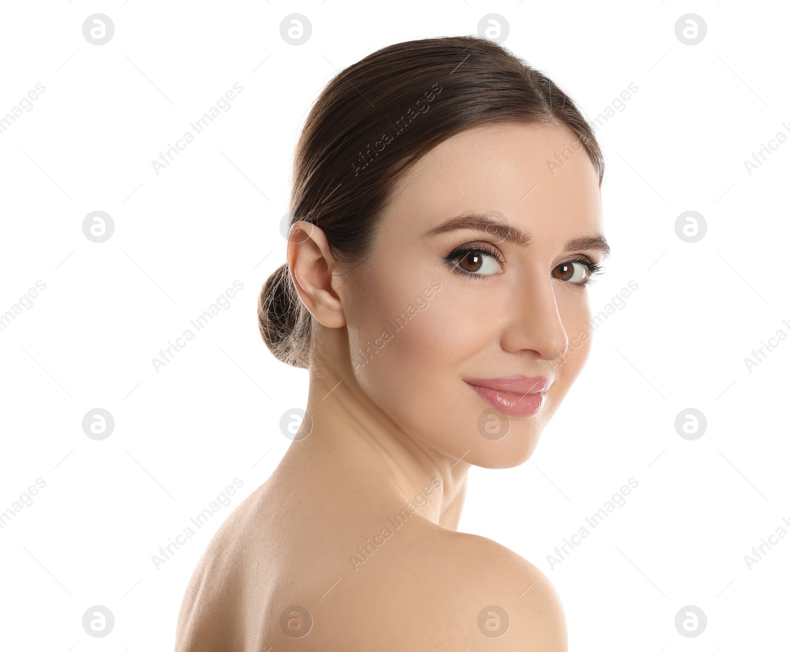 Photo of Portrait of young woman with beautiful face on white background